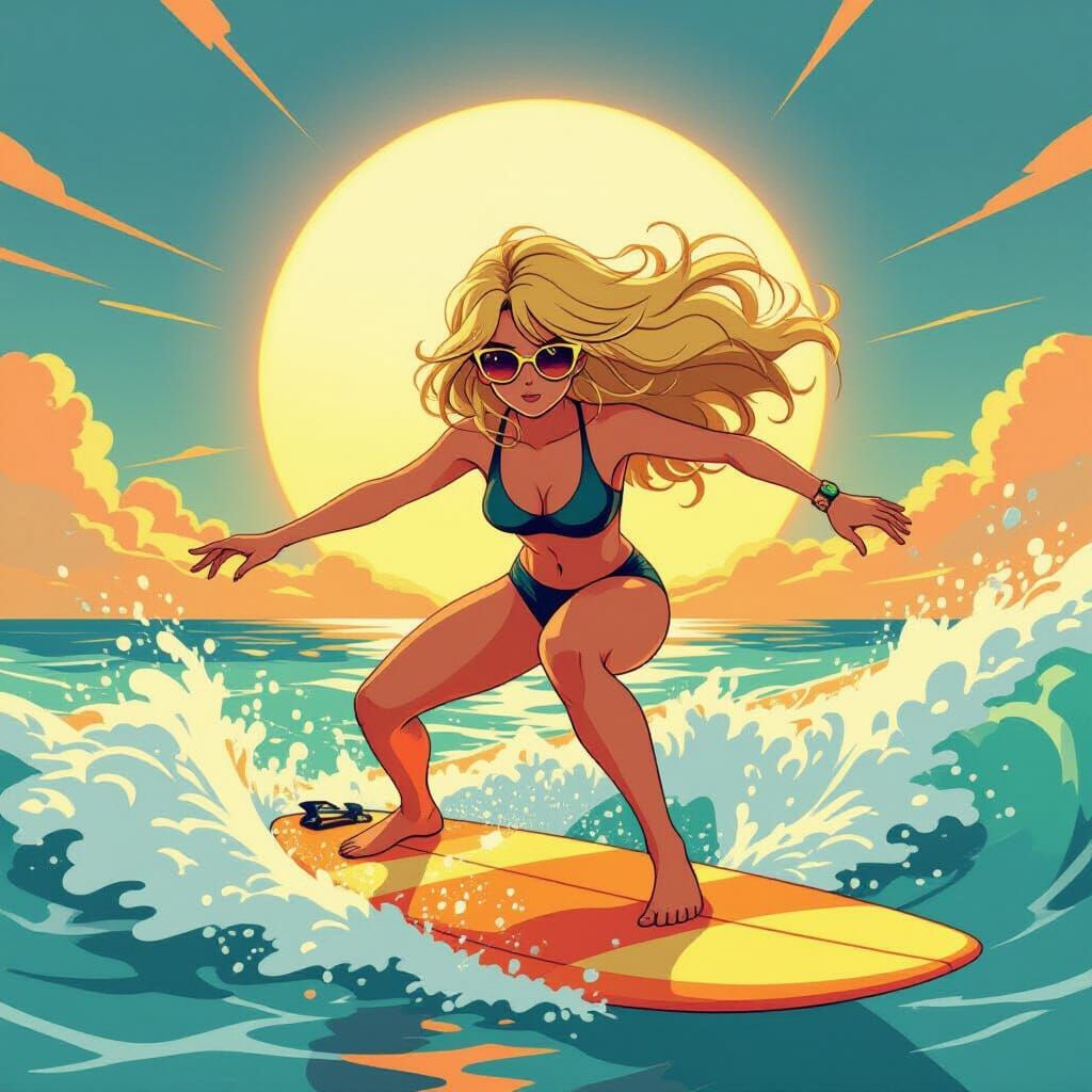 Punk Surfer Girl Rides Waves in Vibrant Anime Style