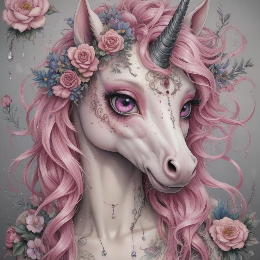Punky Unicorn with Expressive Eyes and Floral Tattoos