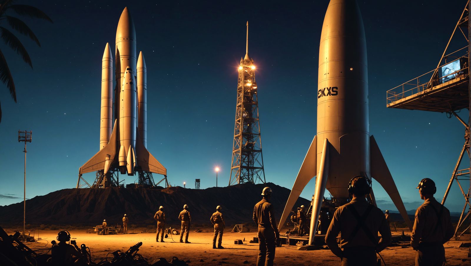 1920s Rocket Construction at Night, Retro Sci-Fi Style