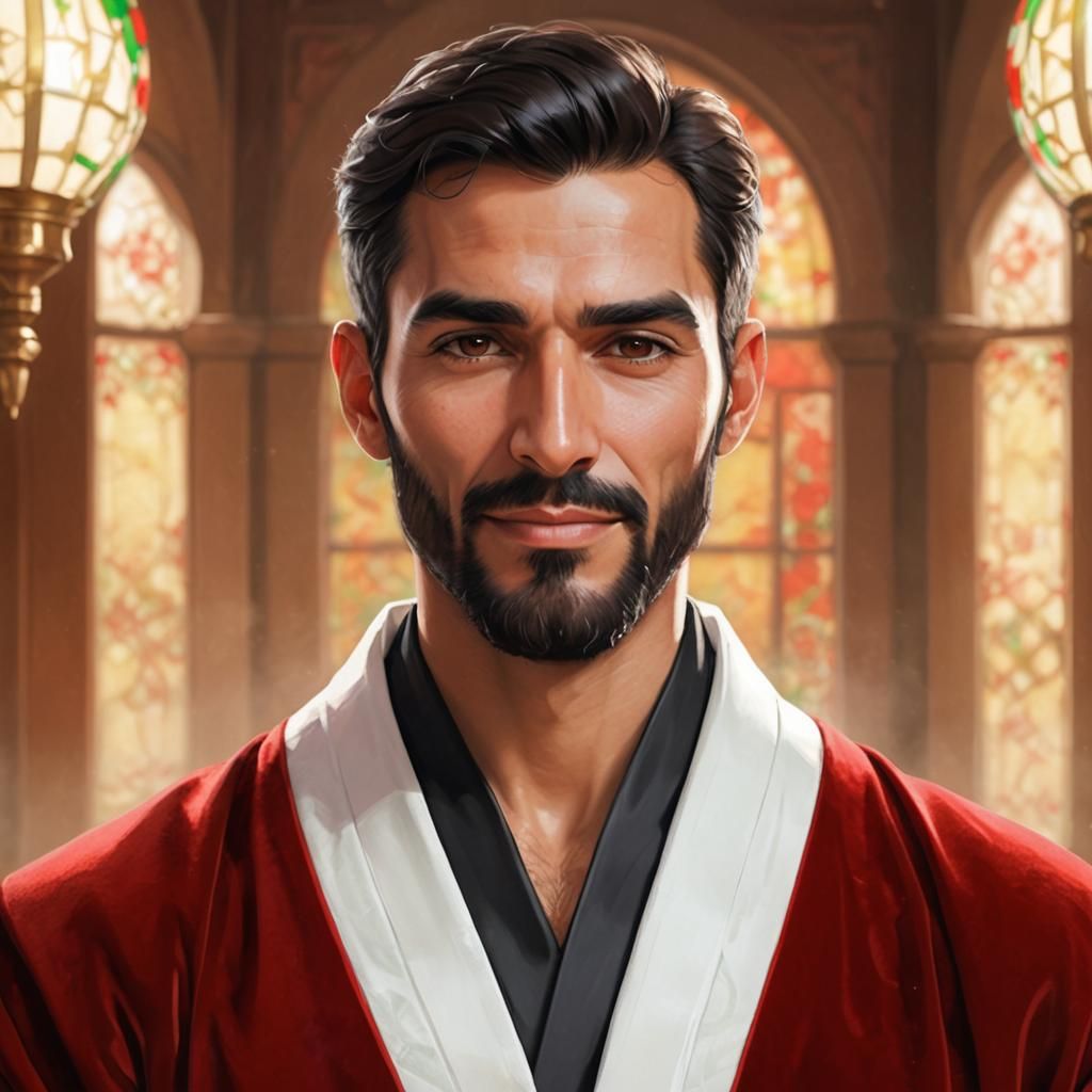 Friendly Man in Red Velvet Robe Portrait