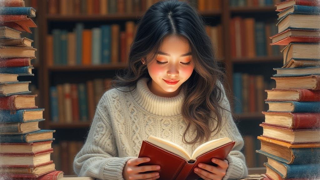 Woman Reading in Cozy Library, Colour Pencil & Watercolour S...
