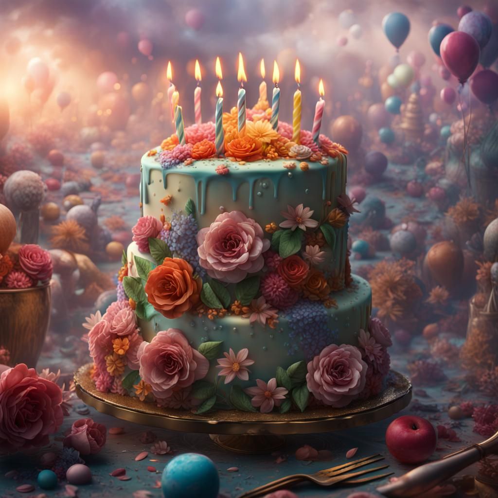 Intricate Birthday Cake: Hyperrealistic Digital Art