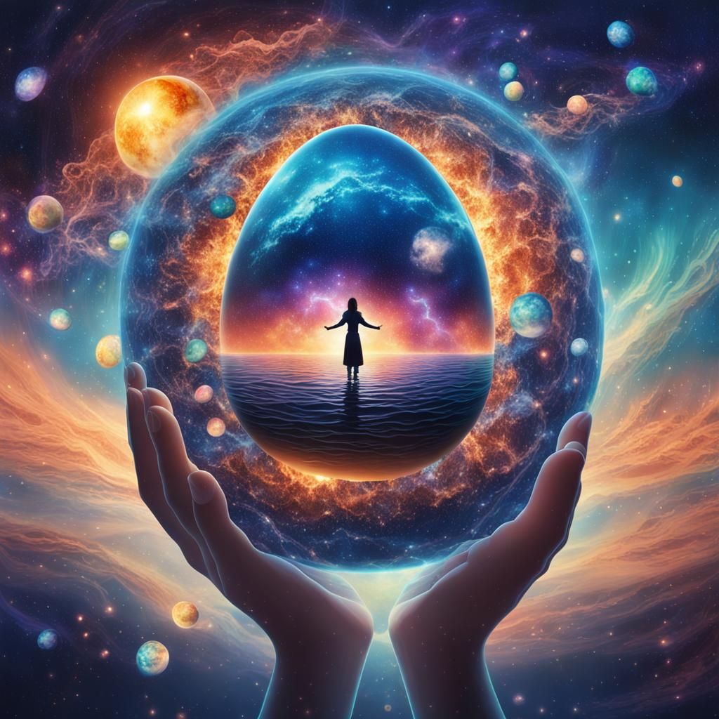 Cosmic Egg Galaxy Held by Woman: Psychedelic Fantasy Art