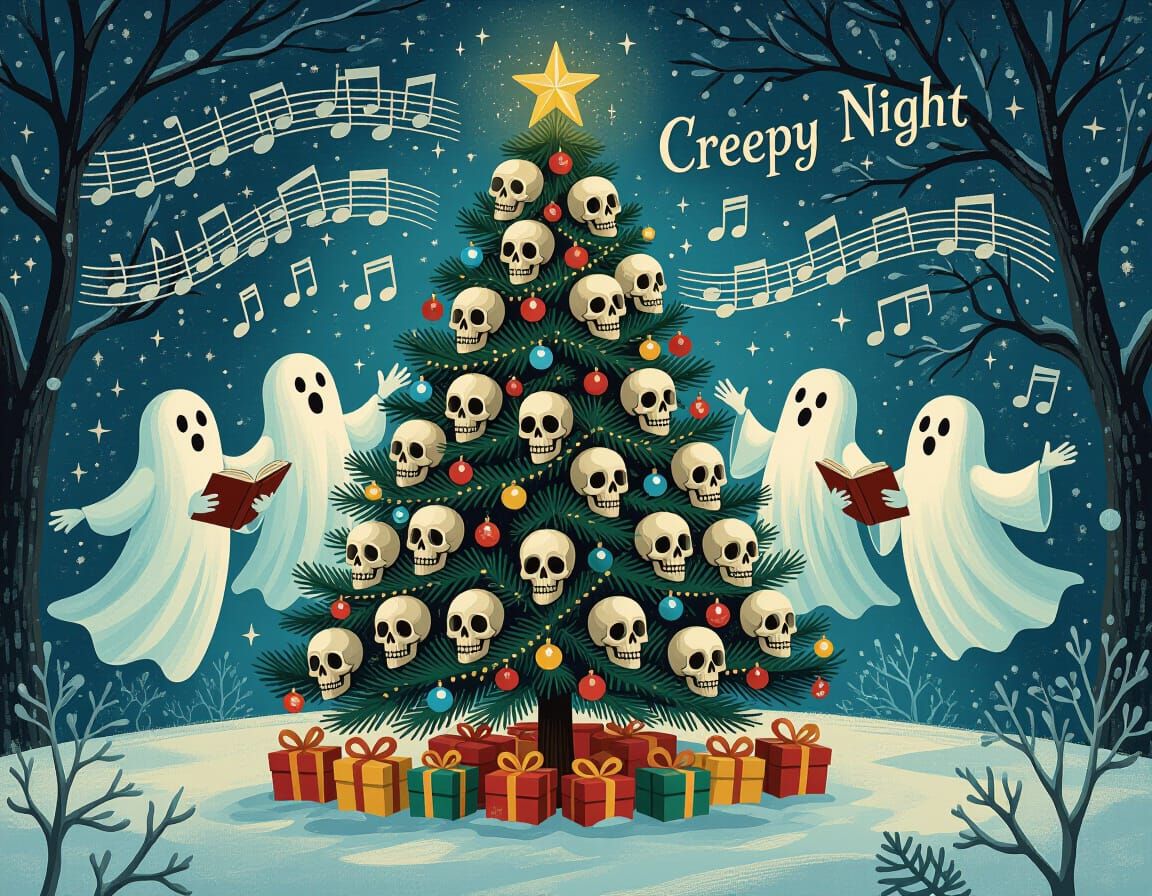 Spooky Christmas Card with Skull Tree and Ghost Singers