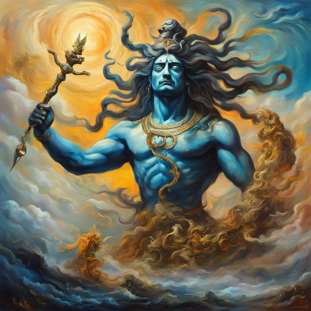 Shiva's Surreal Victory: An Oil Painting