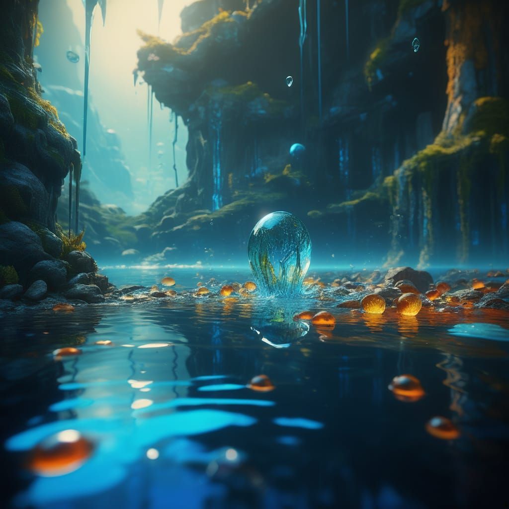 Vibrant Water Droplet in Hyper-Realistic Fantasy Style