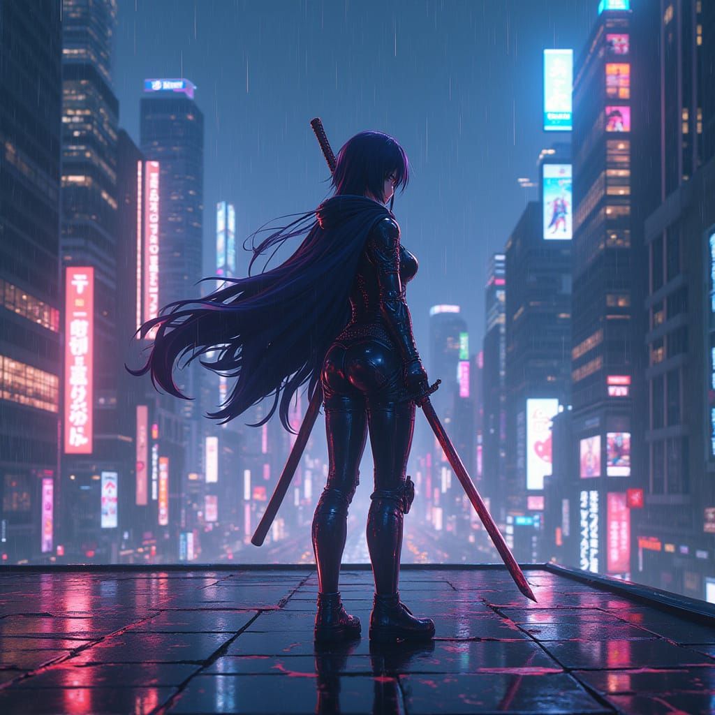 Heroic Anime Warrior Stands Tall in Futuristic City Night