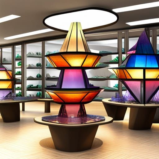 Futuristic Shop Displaying Colorful Crystal Collection