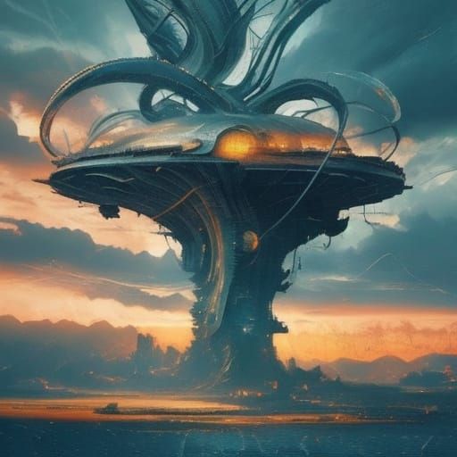 Alien Spaceship Over Melting Cityscape in Dali Style