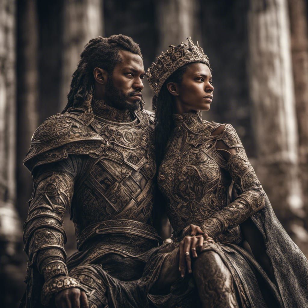 Hyperrealistic Black Warrior King and Queen Portrait