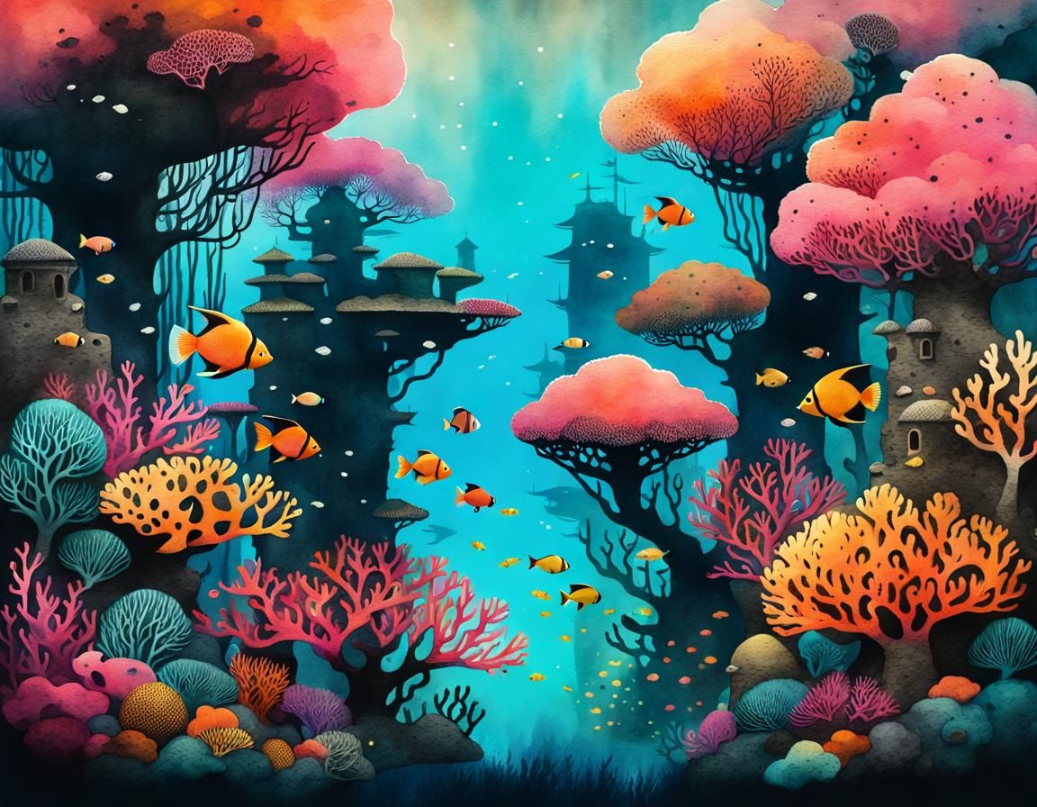 Underwater Coral City: Stylized Watercolor and Ink Painting