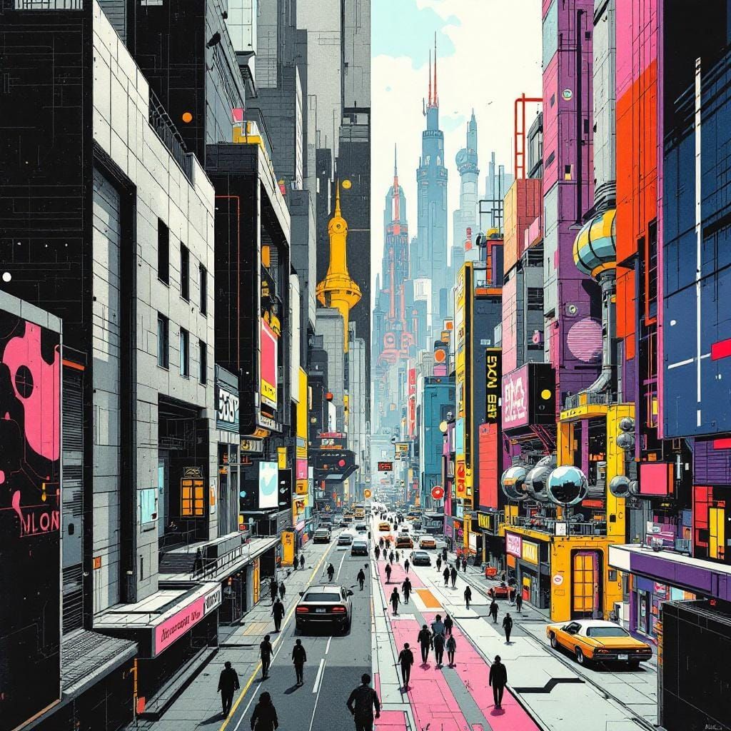 Divided Cityscape: Modern Meets Cyberpunk, Hand-Drawn Style