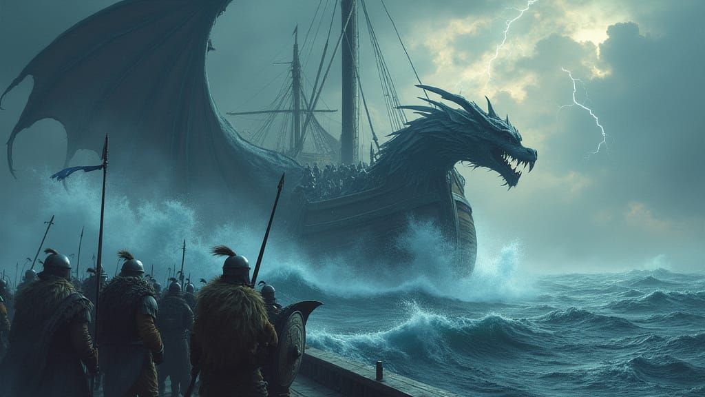 Viking Dragon Ship Battle Under Stormy Skies