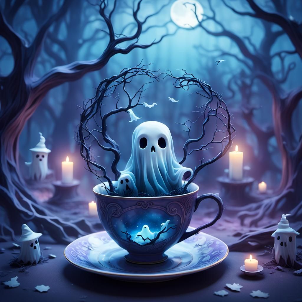 Ghost in Teacup Graveyard: Low-Poly 3D Art