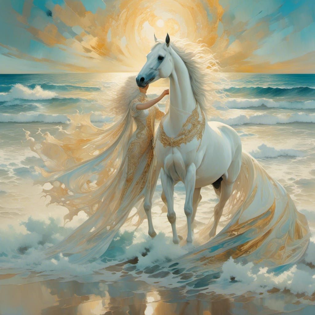Goddess with White Horse on Beach: Abstract Fractal Art