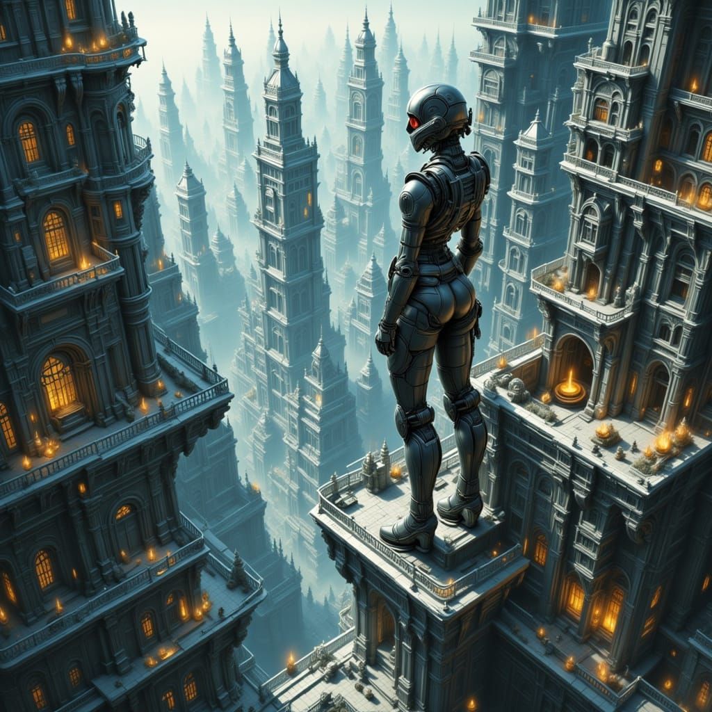 Cyborg Woman Overlooks City Abyss in Isometric Diorama