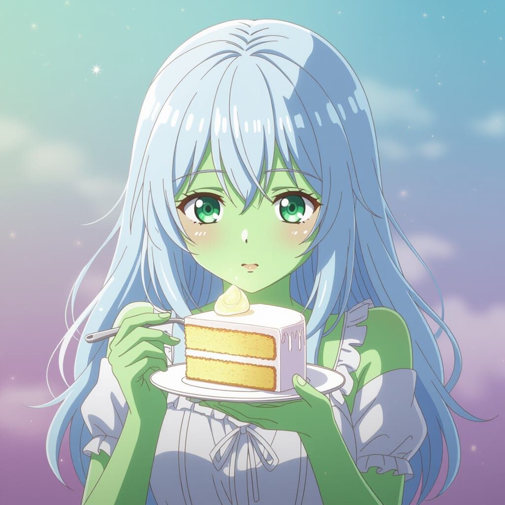 Anime Girl Eats Magical Cake with Ethereal Glow