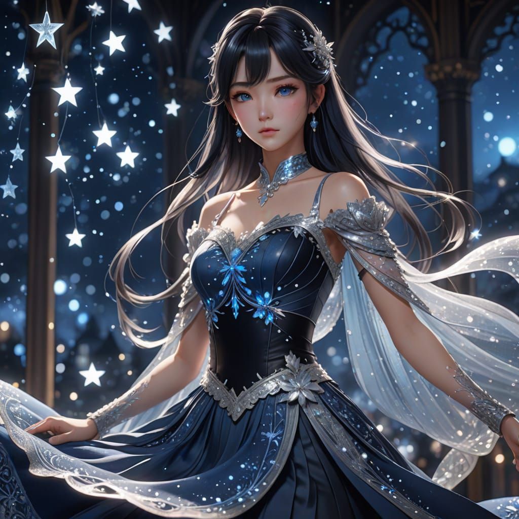 Anime-Inspired Portrait of a Woman in a Flowing Blue Dress
