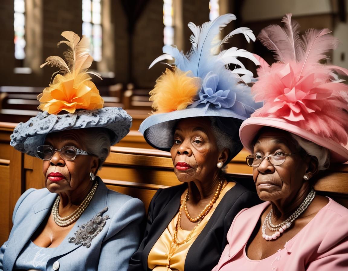 Elderly Women in Church, Avant-Garde Hats, Oil Painting