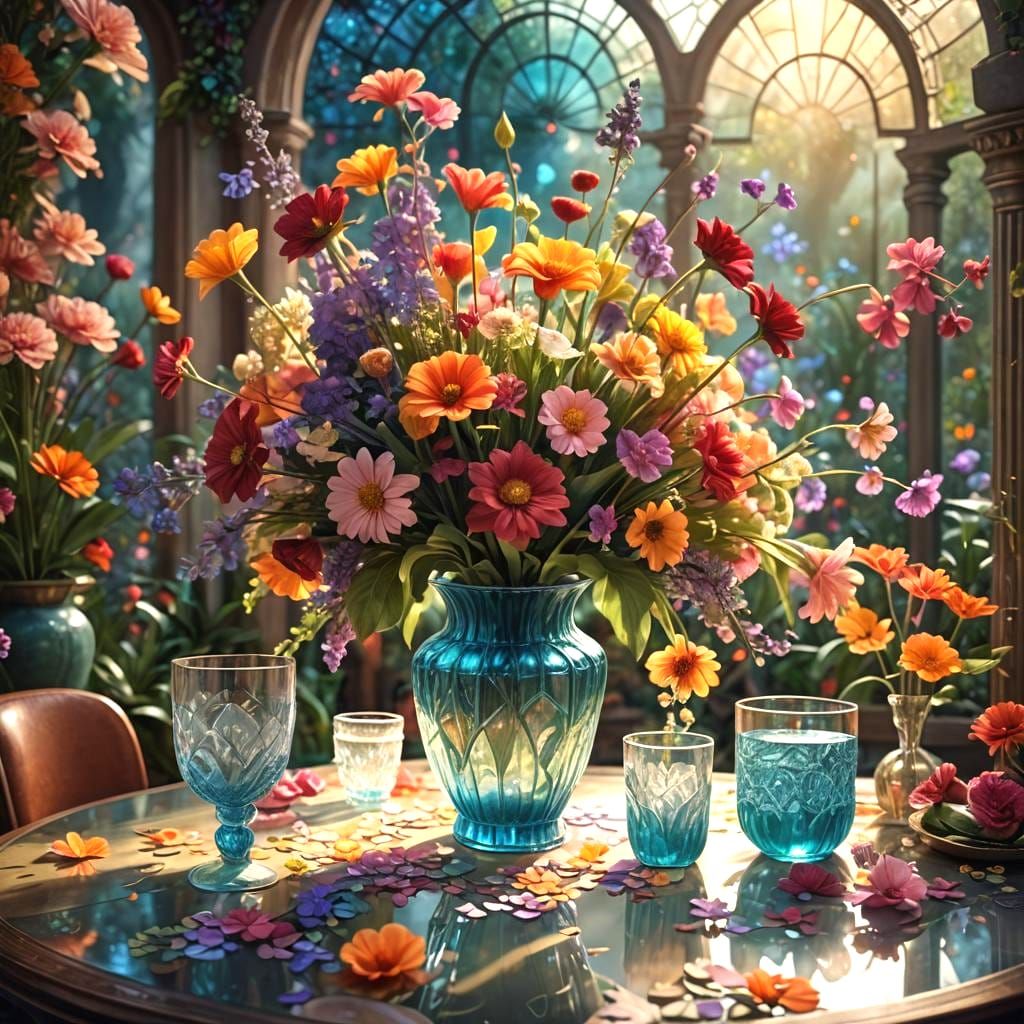 Colorful Flowers in Glass Vase: Matte Painting