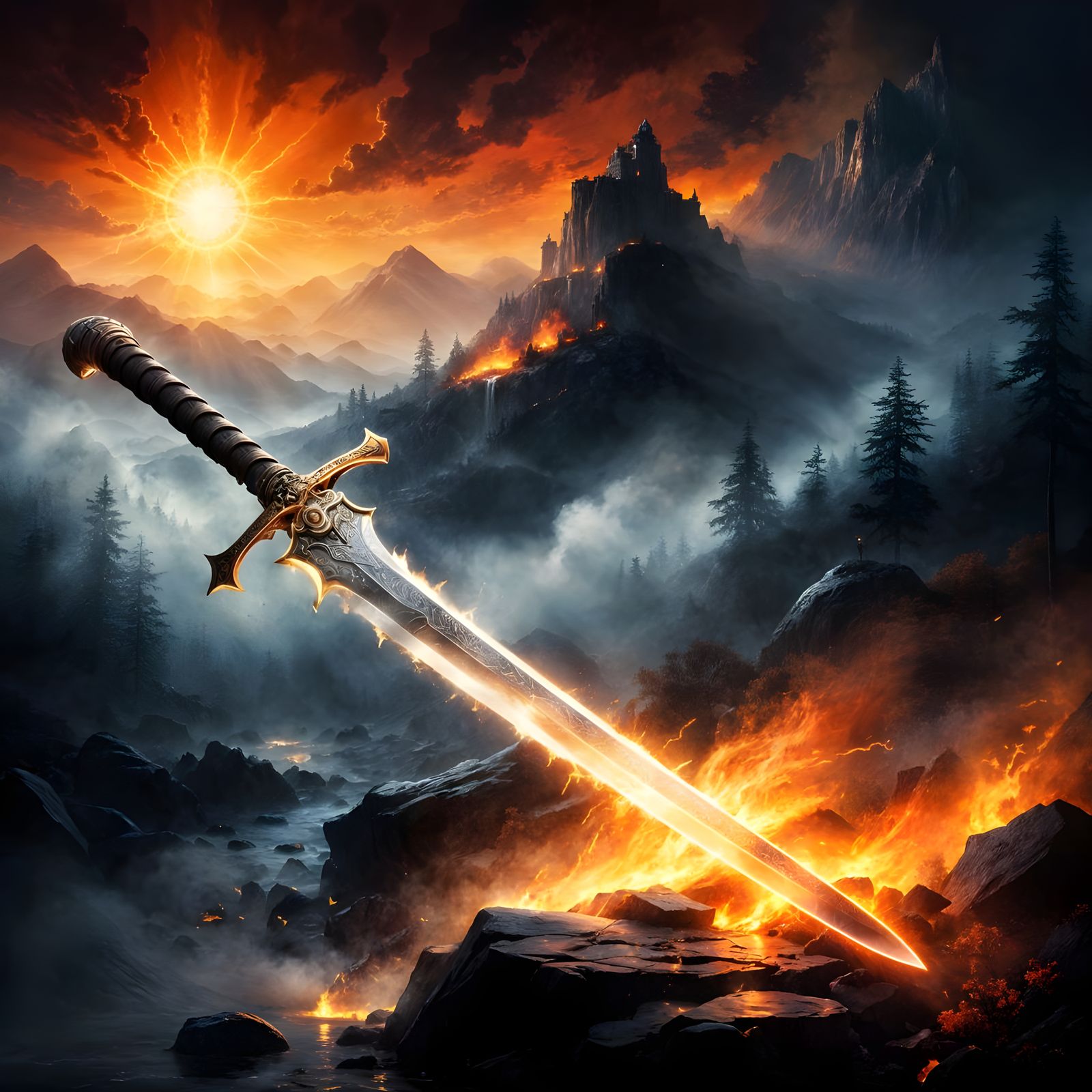 Ethereal Sword of Flame in Whimsical Fantasy Scene