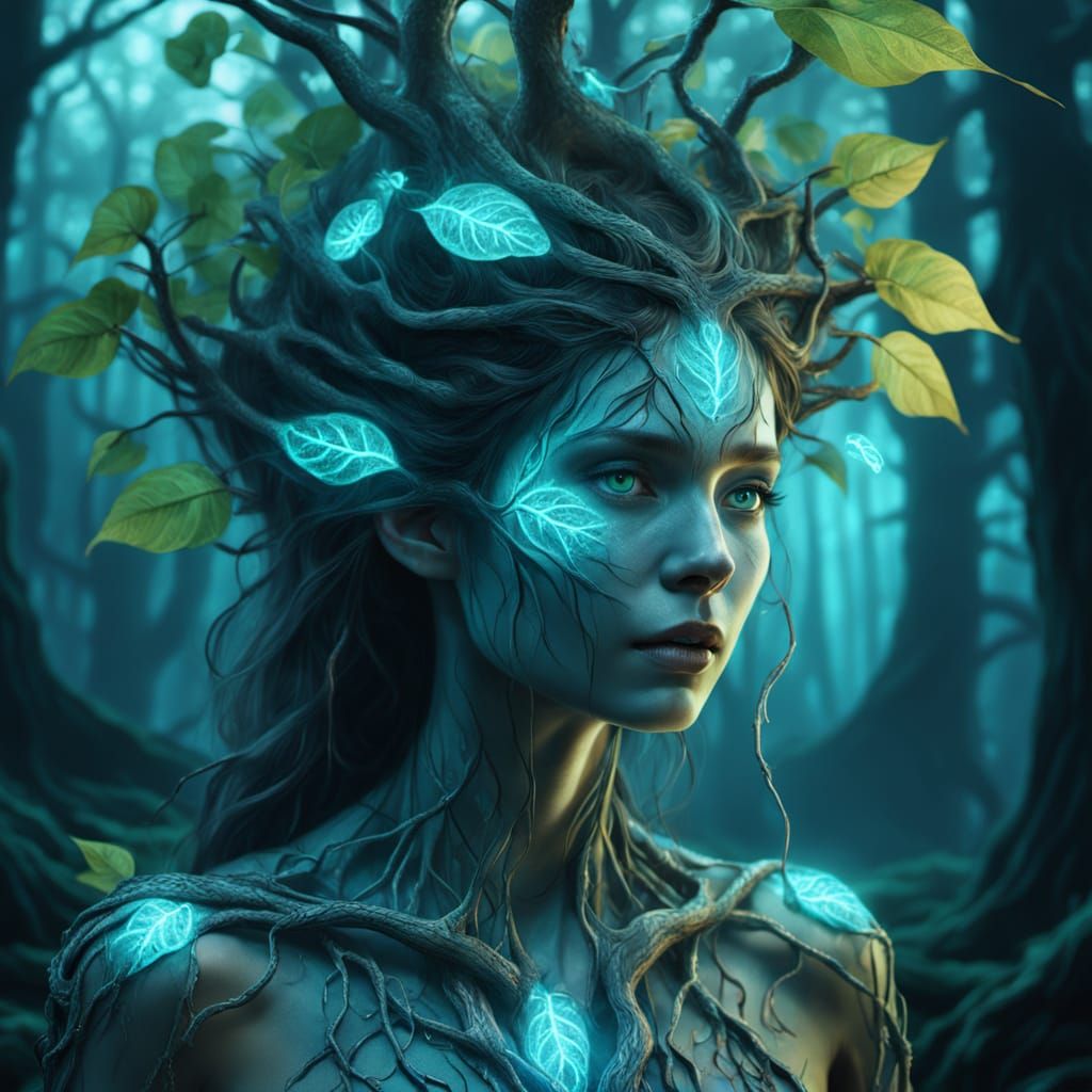 Bioluminescent Dryad Portrait in Noir Fantasy Style