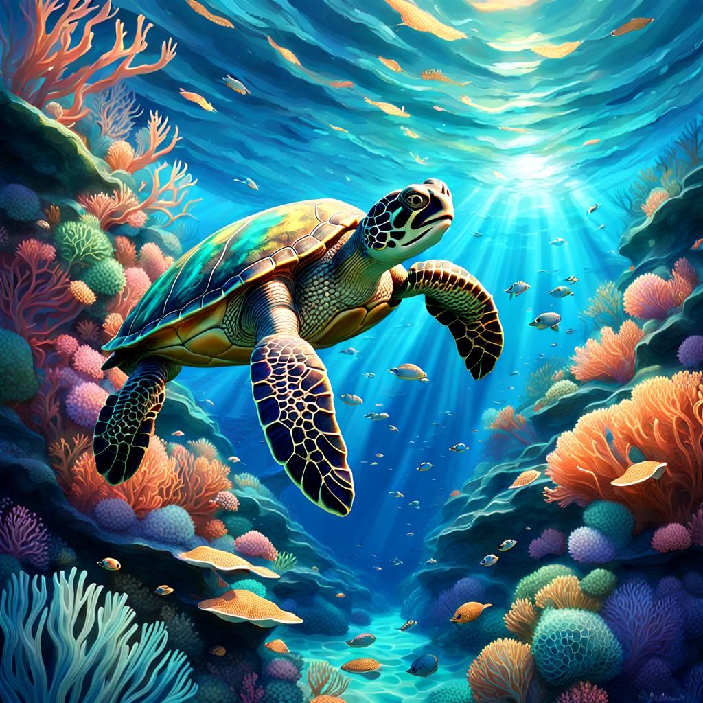 Turtle Swimming in Coral Reef: Anime-Style 3D Art