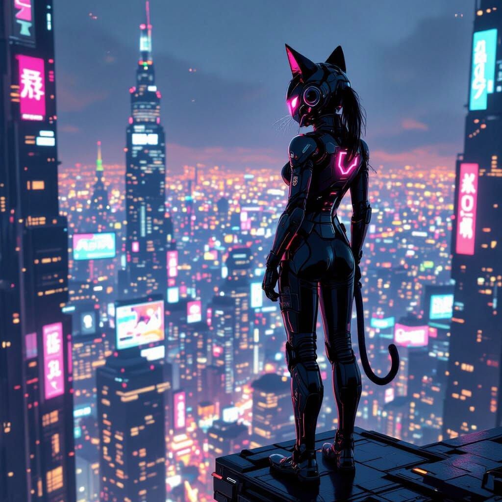 Cyberpunk Cat Girl Mech Pilot Overlooking Neon City