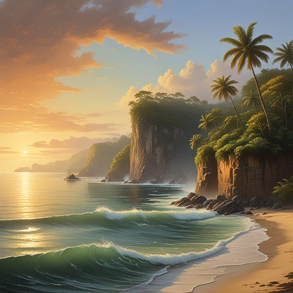 Island Landscape at Dawn in Oil Painting Style