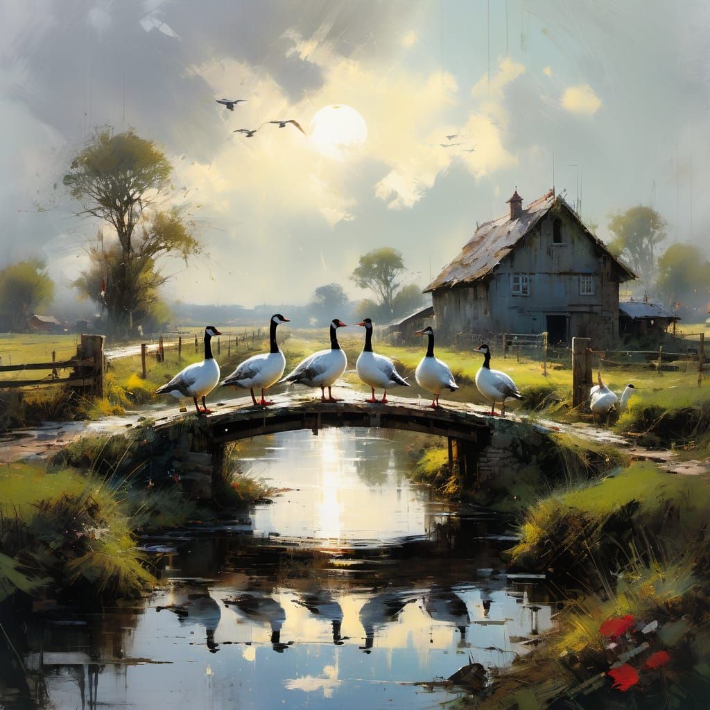 Geese Stroll Across Farmyard Bridge: Matte Painting