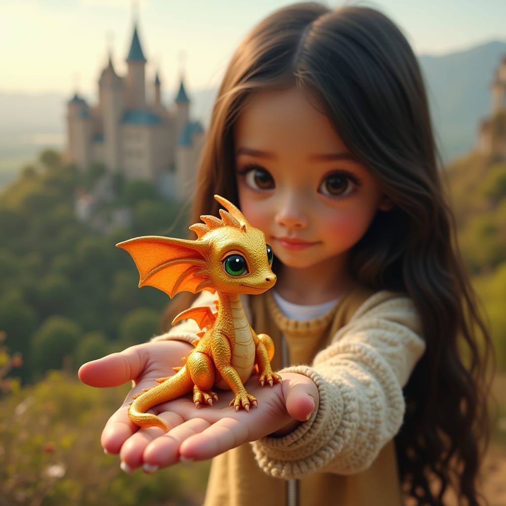 Golden Dragon in Girl's Hand with Castle Background