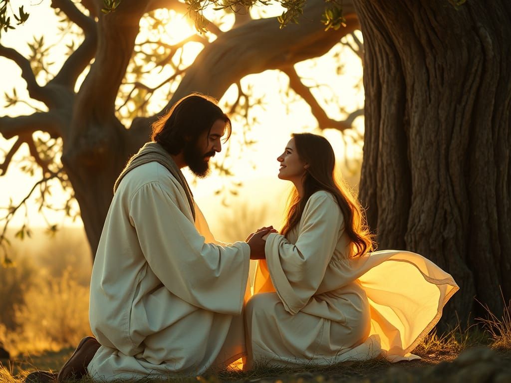 Jesus Comforts a Distraught Woman in a Golden Olive Grove