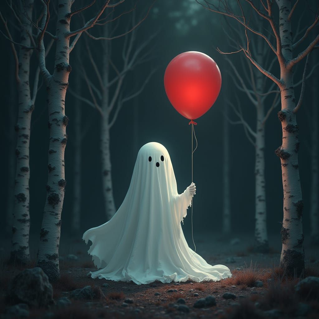 Whimsical Ghost Amidst Twisted Birch Trees in a Dark, Dreaml...