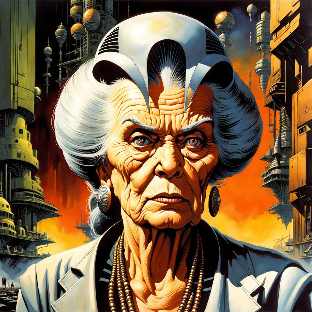 Grumpy Matriarch Portrait in Sci-Fi Slum