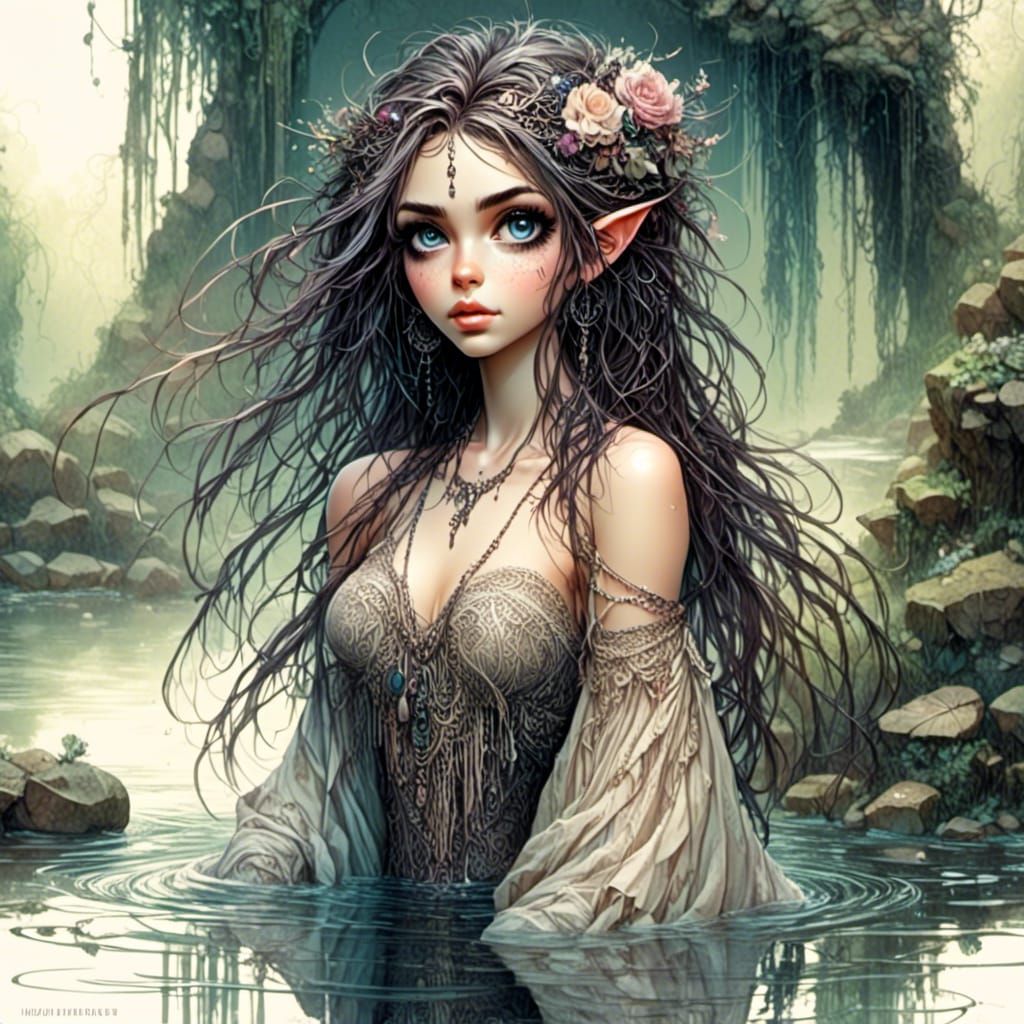 Beautiful Woman Emerging from Pond with Waterfall