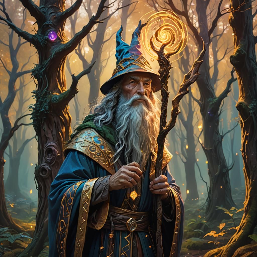 Mystical Wizard in Forest: Fantasy Digital Art