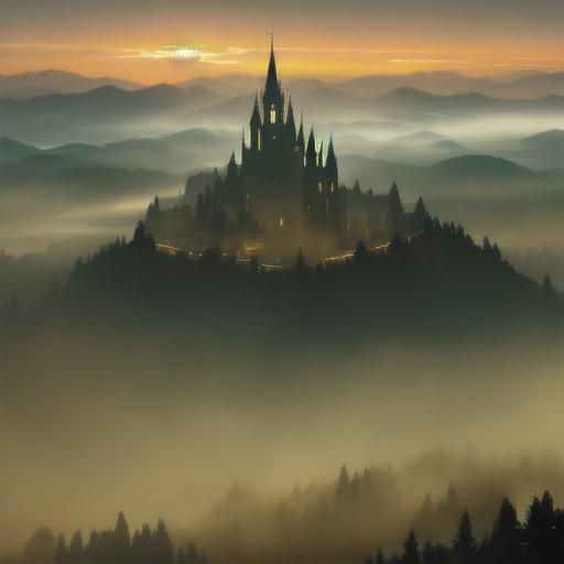 Epic Castle in Misty Valley: Cinematic Film Still
