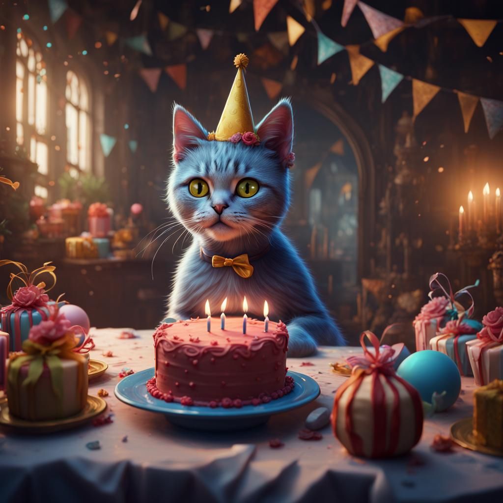 Fantastical Birthday Cat: Detailed Matte Painting
