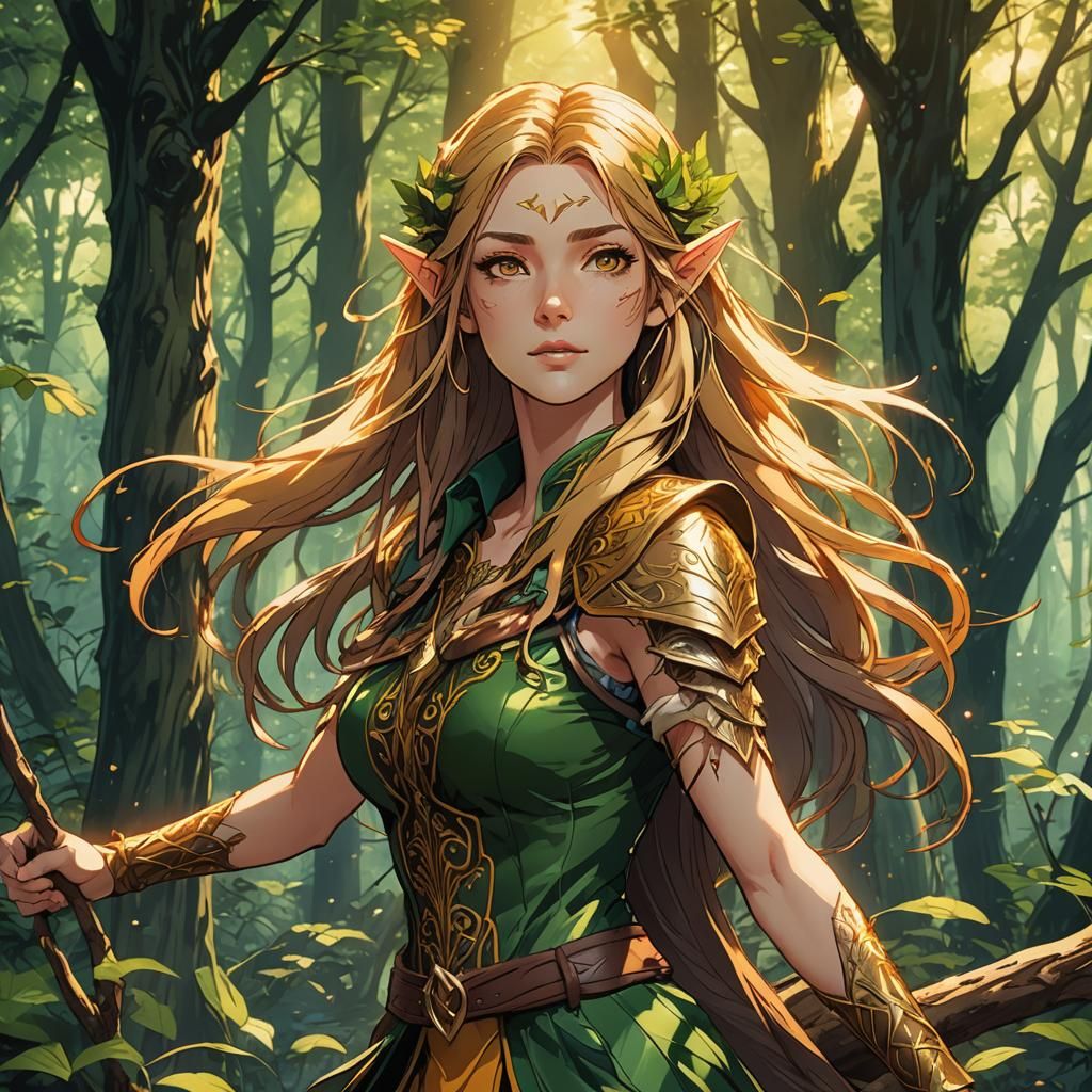Anime Wood Elf Huntress in Lush Forest