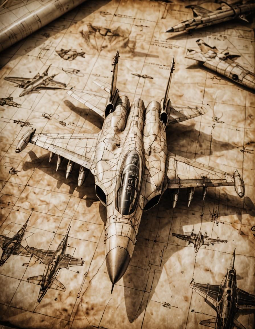 WWII German Jet Fighter Schematic in Sepia Tones