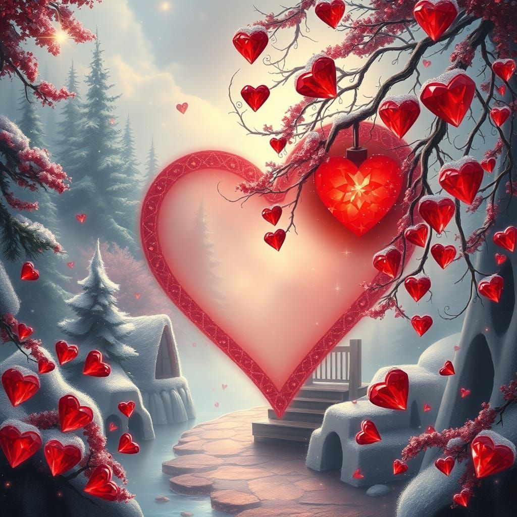 Ethereal Red Heart in a Fantasy Landscape