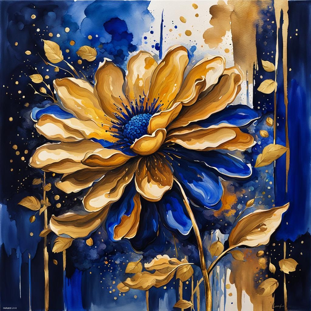 Royal Blue Flower with Gold Accents, in Gouache Style