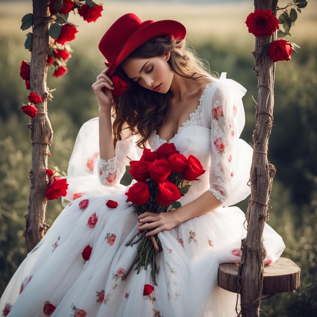 Country Style Woman on Swing with Red Heart