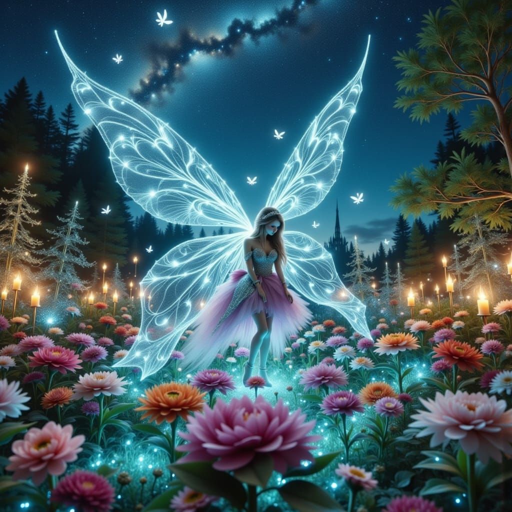 Delicate Fairy Surrounded by Glistening Fairy Lights