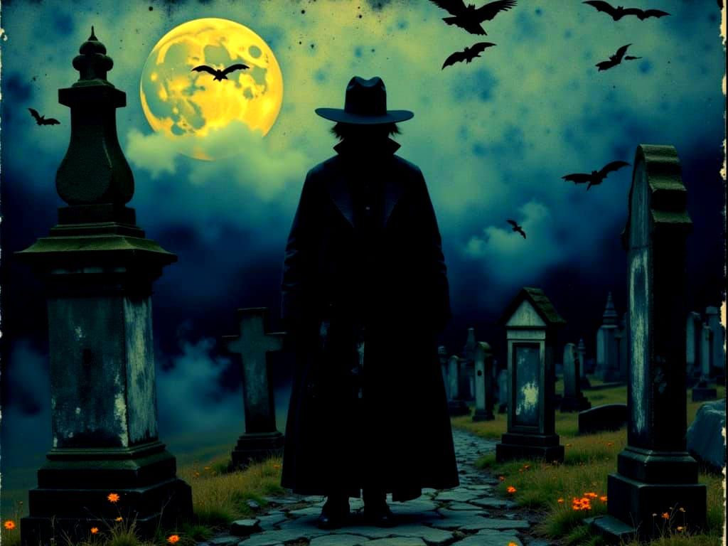 Headless Horseman in Moonlit Cemetery with Swirling Bats