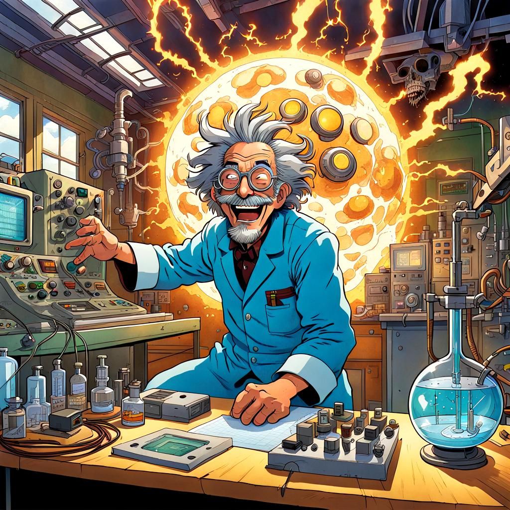 Electrocuted Mad Scientist in Solarpunk Laboratory