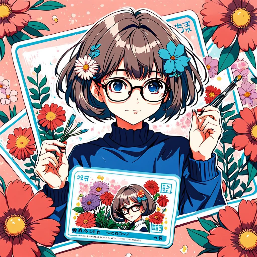 Cute Girl Opening Trading Card in 80s Anime Style