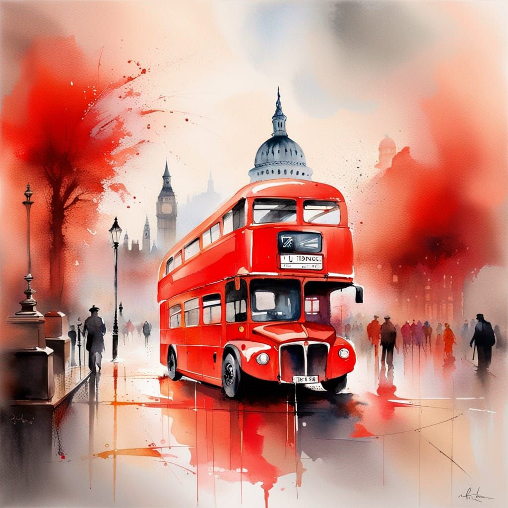 Red London Bus in Watercolor by Haenraets Style