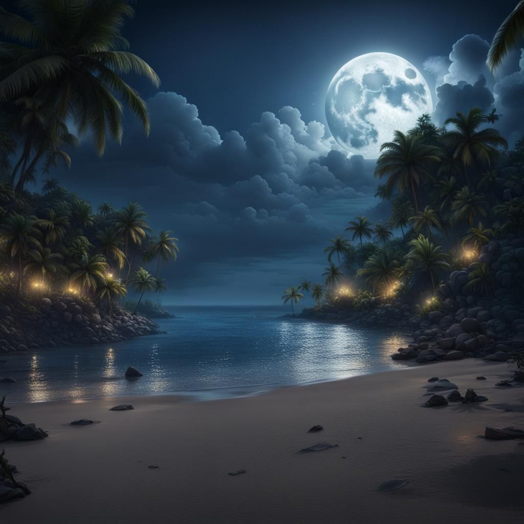 Tropical Sea at Night with Thunderstorm, Detailed Matte Pain...