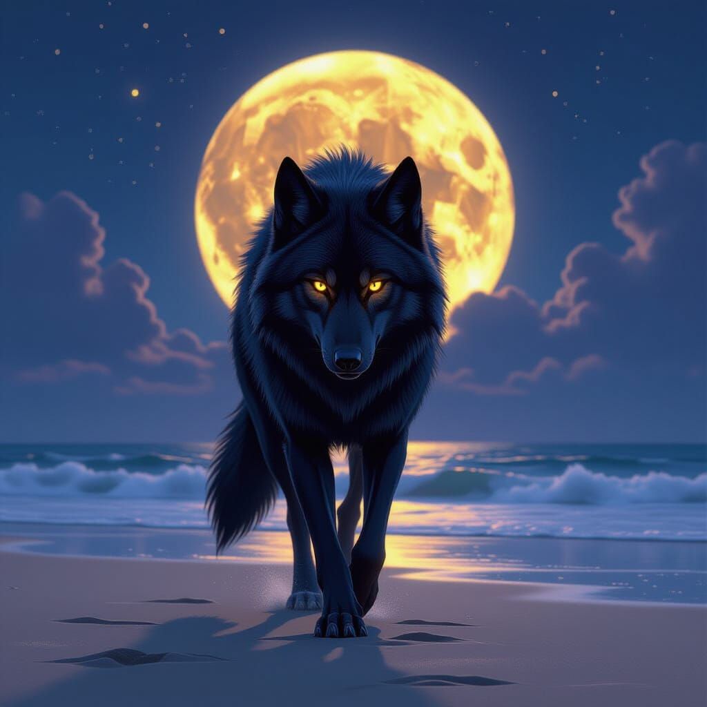 Black Wolf With Yellow Eyes on Moonlit Beach